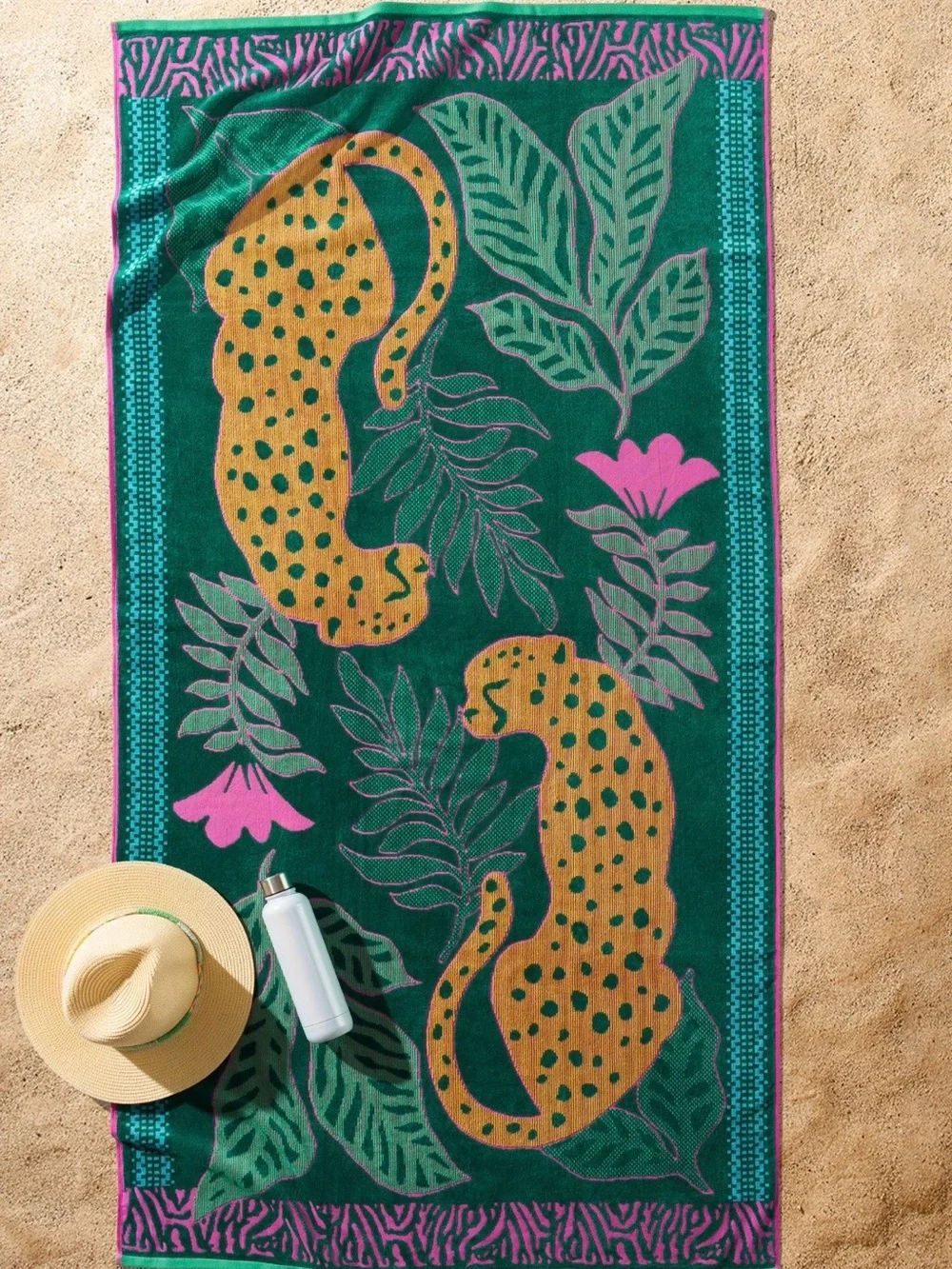 Better Homes And Gardens Green Beach Towel with Gold Leopard and Pink Accents